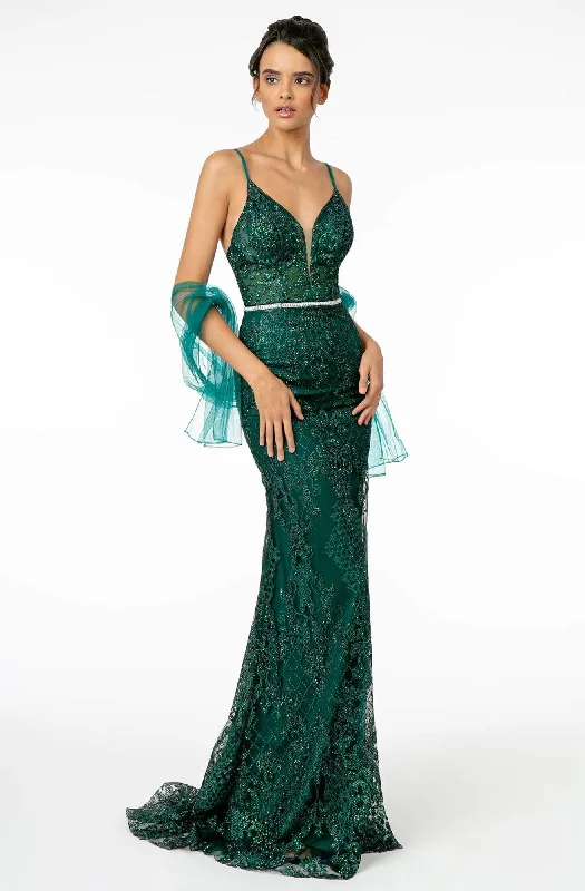 Prom dresses with cold - shoulder ruffled sleeves and floral prints for a romantic and fashionable styleElizabeth K - GL2990 Jeweled Deep V-Neck Sheath Dress Prom dresses with cold - shoulder ruffled sleeves and floral prints for a romantic and fashionable styleElizabeth K - GL2990 Jeweled Deep V-Neck Sheath Dress
