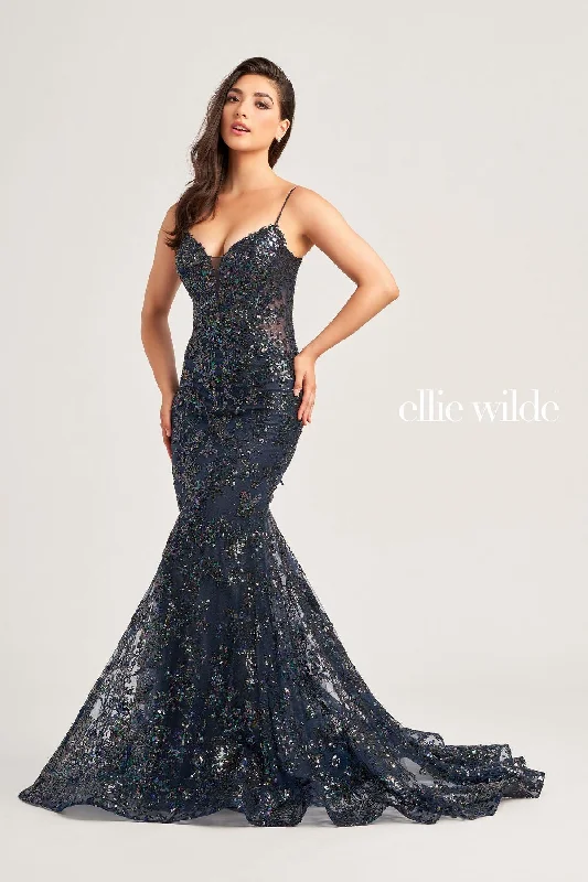Wedding guest dresses with pom - pom trims for a playful lookEllie Wilde EW35013 Prom Fitted Formal Glitter Long Gown Wedding guest dresses with pom - pom trims for a playful lookEllie Wilde EW35013 Prom Fitted Formal Glitter Long Gown