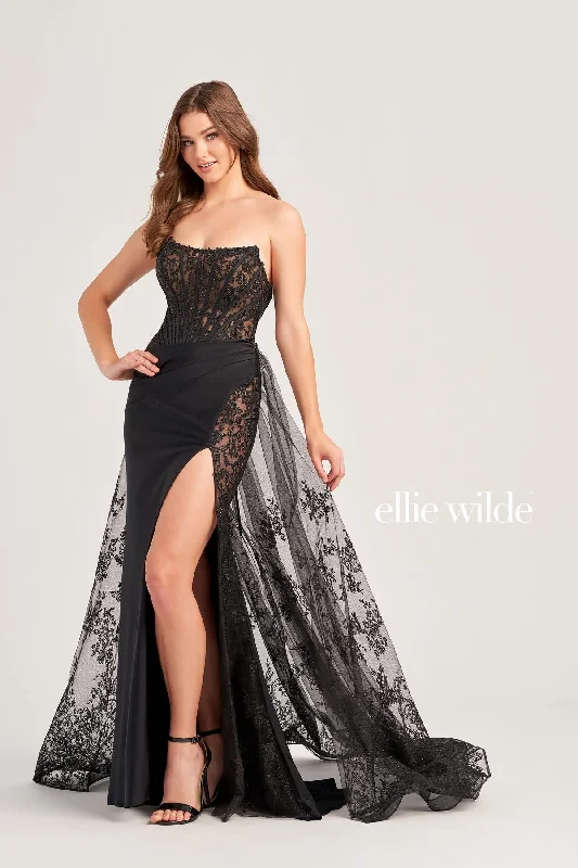 Lace - and - tulle wedding guest dresses with sweetheart necklinesEllie Wilde EW35032 Long Formal Glitter Overskirt Prom Dress Lace - and - tulle wedding guest dresses with sweetheart necklinesEllie Wilde EW35032 Long Formal Glitter Overskirt Prom Dress