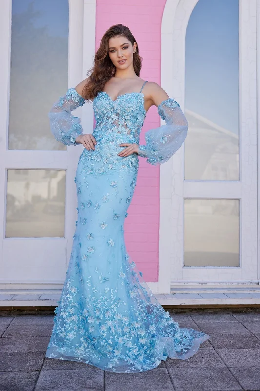 Lace - and - tulle wedding guest dresses with sweetheart necklinesEllie Wilde EW35107 Long Fitted Formal Prom Gown With Detachable Sleeves Lace - and - tulle wedding guest dresses with sweetheart necklinesEllie Wilde EW35107 Long Fitted Formal Prom Gown With Detachable Sleeves
