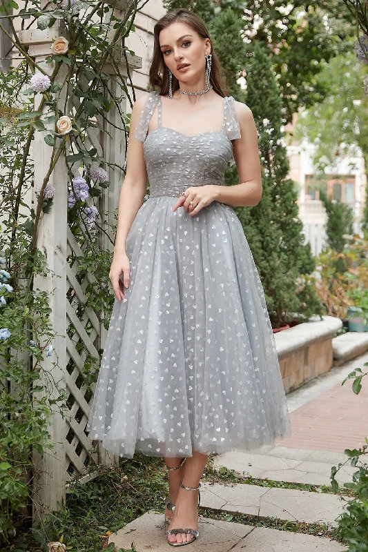 Cocktail dresses with a wrap - front style and a long - length optionGrey Spaghetti Straps Tea-Length Prom Dress With Bowknots Cocktail dresses with a wrap - front style and a long - length optionGrey Spaghetti Straps Tea-Length Prom Dress With Bowknots