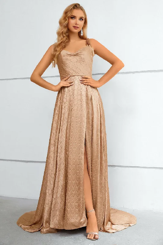 Sleeveless cocktail dresses in a silk - blend fabric for a luxurious feelKhaki Spaghetti Straps Bowknot Prom Dress With Slit Sleeveless cocktail dresses in a silk - blend fabric for a luxurious feelKhaki Spaghetti Straps Bowknot Prom Dress With Slit