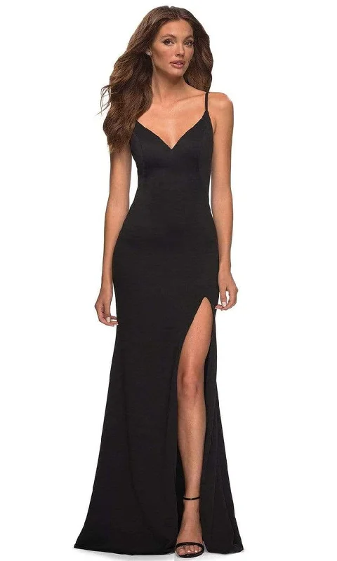 Prom dresses with one - shoulder ruffled straps and geometric patterns for a contemporary and eye - catching formal eventLa Femme - 30072 Spaghetti Strap High Slit Gown Prom dresses with one - shoulder ruffled straps and geometric patterns for a contemporary and eye - catching formal eventLa Femme - 30072 Spaghetti Strap High Slit Gown