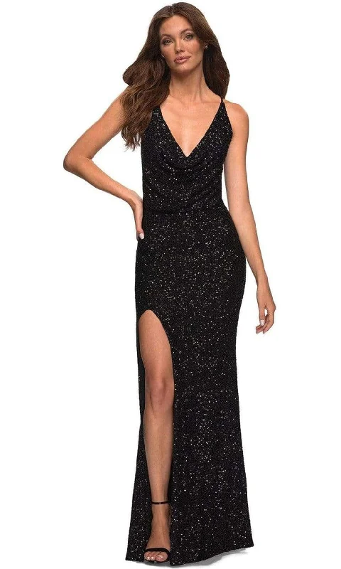 Prom dresses with keyhole backs and rhinestone - studded straps for a flirty lookLa Femme - 30376 Sequin Cowl V-Neck Gown Prom dresses with keyhole backs and rhinestone - studded straps for a flirty lookLa Femme - 30376 Sequin Cowl V-Neck Gown