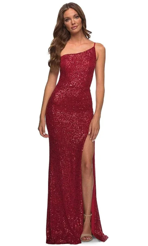 Formal dresses with button - front designs and tulle skirts for a charming prom styleLa Femme - 30391 Sequined Asymmetrical Gown with Slit Formal dresses with button - front designs and tulle skirts for a charming prom styleLa Femme - 30391 Sequined Asymmetrical Gown with Slit