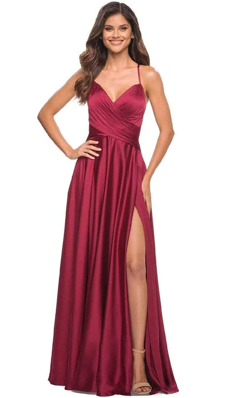 Formal dresses with geometric patterns and metallic accents for a modern formal affairLa Femme - 30512 V-Neck High Slit Satin Dress Formal dresses with geometric patterns and metallic accents for a modern formal affairLa Femme - 30512 V-Neck High Slit Satin Dress