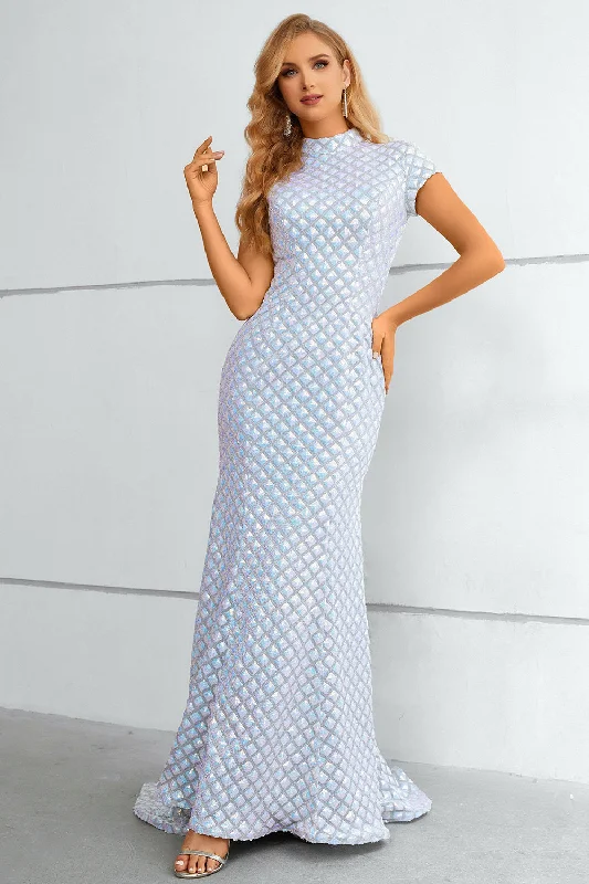 Cocktail dresses with a pom - pom trim and a short - sleeved styleLight Blue Sequined High Neck Short Sleeves Mermaid Prom Dress Cocktail dresses with a pom - pom trim and a short - sleeved styleLight Blue Sequined High Neck Short Sleeves Mermaid Prom Dress