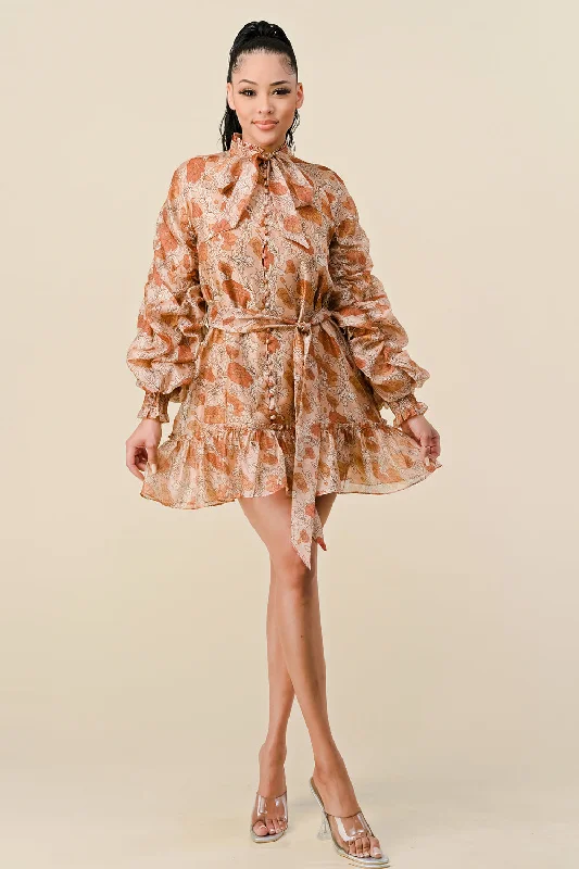 Mini cocktail dresses with a ruffled hem and a solid colorLong Sleeve Printed Ruffled Mini Dress Mini cocktail dresses with a ruffled hem and a solid colorLong Sleeve Printed Ruffled Mini Dress