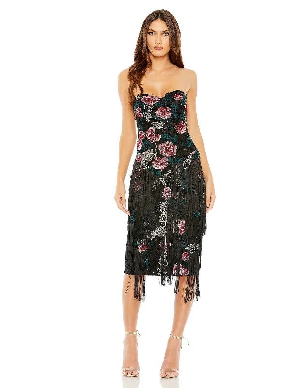 Sequined cocktail dresses with a mermaid silhouetteMac Duggal 20577 Strapless Floral Embroidered Midi Fringe Dress Sequined cocktail dresses with a mermaid silhouetteMac Duggal 20577 Strapless Floral Embroidered Midi Fringe Dress