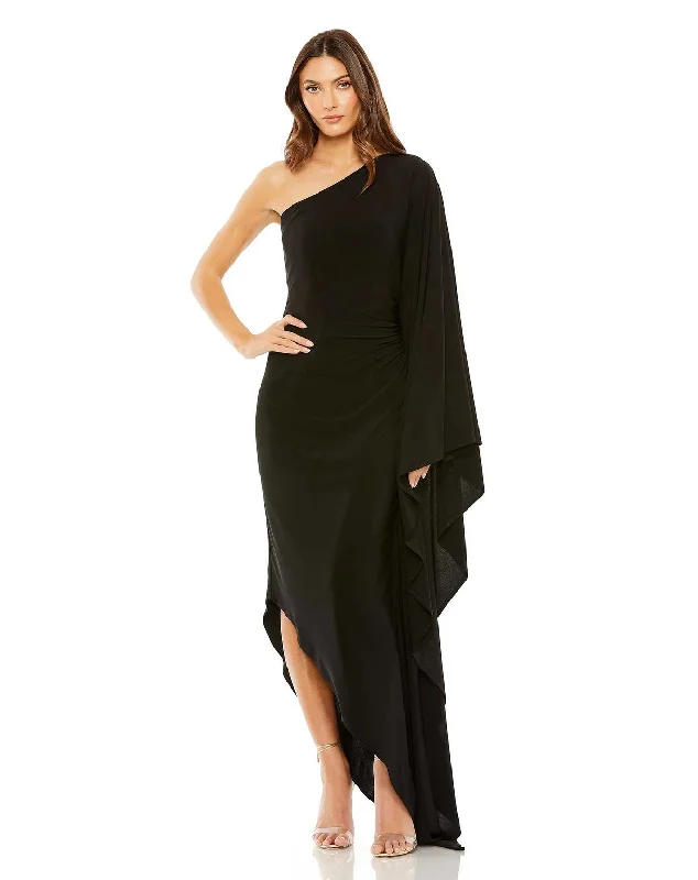 Metallic cocktail dresses with a halter neck for a glamorous occasionMac Duggal 20673 One Shoulder Cape Sleeve High Low Dress Metallic cocktail dresses with a halter neck for a glamorous occasionMac Duggal 20673 One Shoulder Cape Sleeve High Low Dress