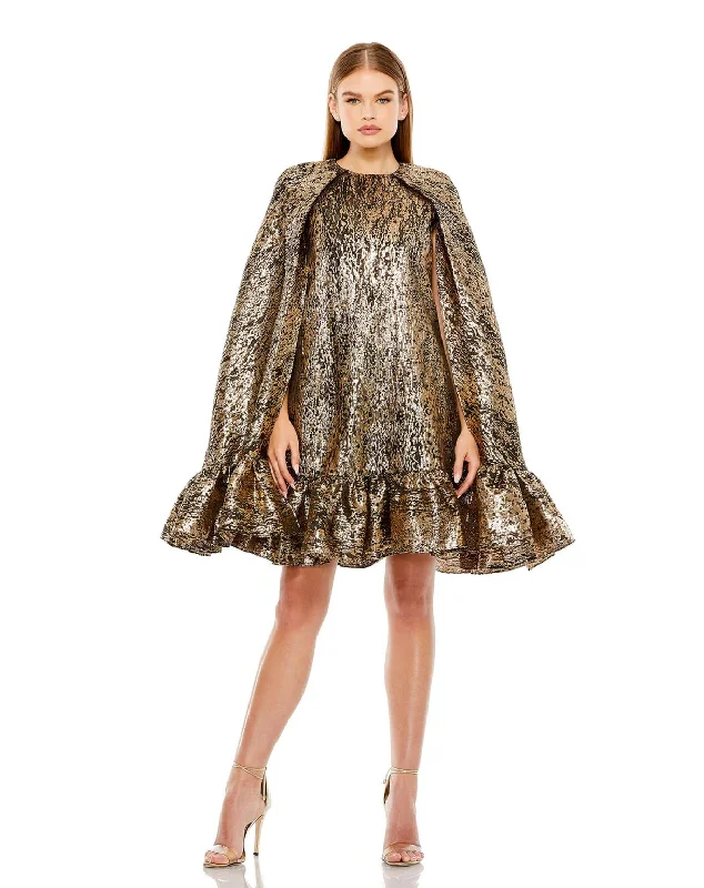 A - line cocktail dresses with floral embroidery for spring partiesMac Duggal 20700 High Neck Cape Sleeve Metallic Trapeze Short dress A - line cocktail dresses with floral embroidery for spring partiesMac Duggal 20700 High Neck Cape Sleeve Metallic Trapeze Short dress