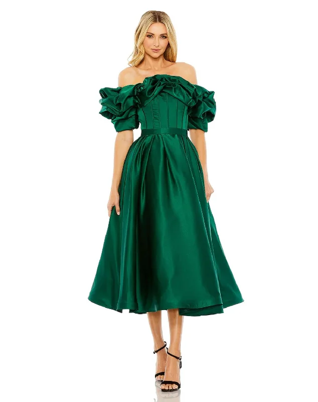 Bow - backed cocktail dresses with a fit - and - flare silhouetteMac Duggal 20706 Off Shoulder Ruffle Tea Length Dress Bow - backed cocktail dresses with a fit - and - flare silhouetteMac Duggal 20706 Off Shoulder Ruffle Tea Length Dress