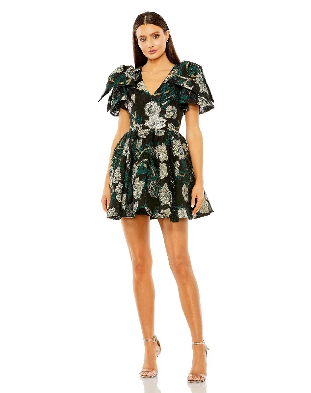 Cocktail dresses with a wrap - front style and a long - length optionMac Duggal 20721 Bow Shoulders Brocade V Neck Pockets Short Dress Cocktail dresses with a wrap - front style and a long - length optionMac Duggal 20721 Bow Shoulders Brocade V Neck Pockets Short Dress