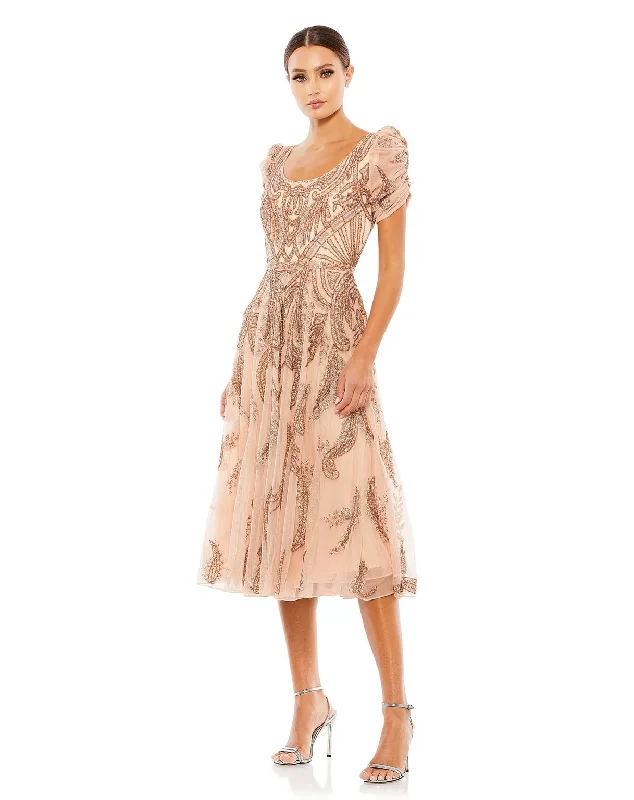 Cocktail dresses with a cut - out detail and a body - con fitMac Duggal 5434 Beaded Short Sleeve Tea Length Dress Cocktail dresses with a cut - out detail and a body - con fitMac Duggal 5434 Beaded Short Sleeve Tea Length Dress