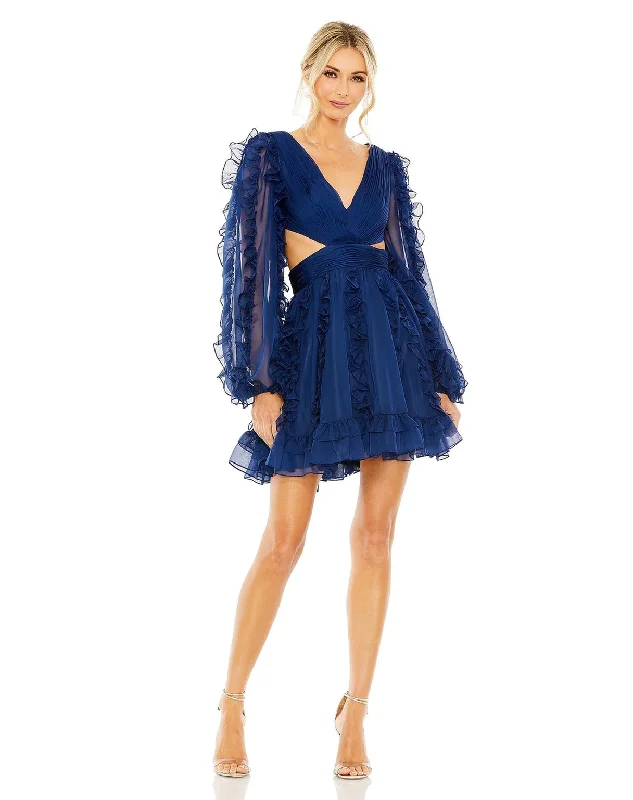 Strapless cocktail dresses with a sweetheart neckline and a full skirtMac Duggal 68418 V Neck Corset Back Long Puff Sleeve Ruffle Short Dress Strapless cocktail dresses with a sweetheart neckline and a full skirtMac Duggal 68418 V Neck Corset Back Long Puff Sleeve Ruffle Short Dress