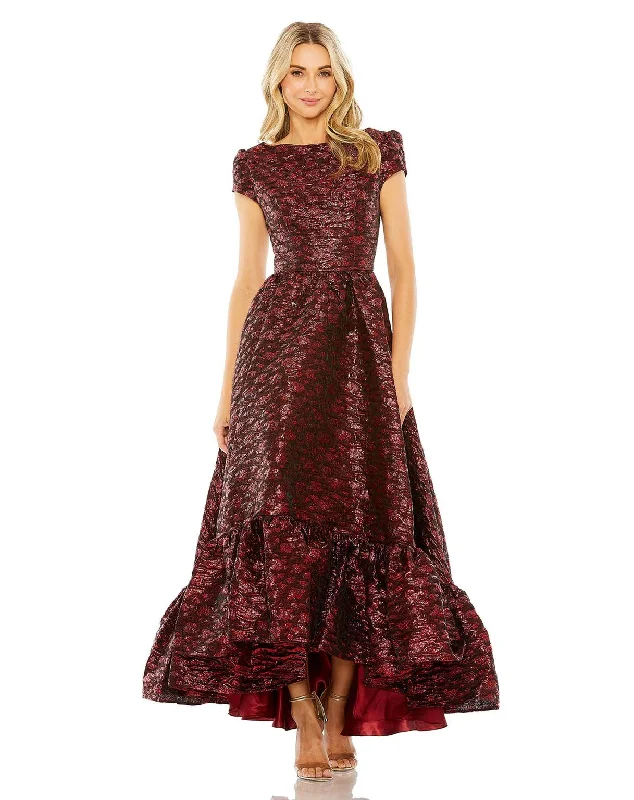 Ribbed - texture cocktail dresses with a cap - sleeve designMac Duggal 68623 High Low Short Sleeve Brocade Formal Dress Ribbed - texture cocktail dresses with a cap - sleeve designMac Duggal 68623 High Low Short Sleeve Brocade Formal Dress