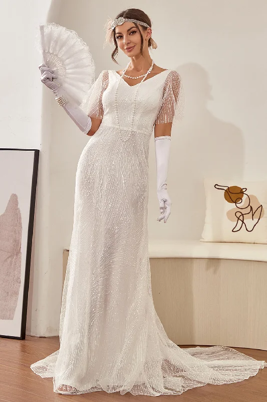 Printed cocktail dresses with geometric patterns for a contemporary aestheticMermaid White V-Neck Wedding Dress Printed cocktail dresses with geometric patterns for a contemporary aestheticMermaid White V-Neck Wedding Dress