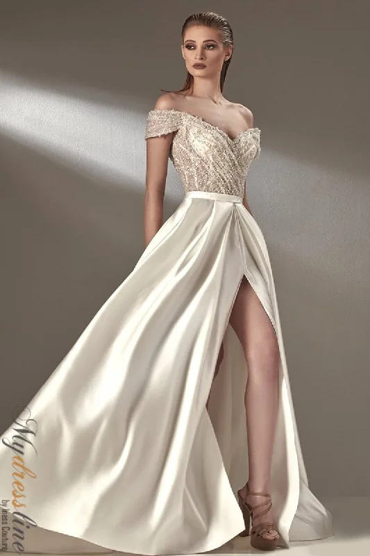 Prom dresses with tiered ruffled sleeves and satin skirts for a feminine and voluminous lookMNM Couture K3899 Prom dresses with tiered ruffled sleeves and satin skirts for a feminine and voluminous lookMNM Couture K3899