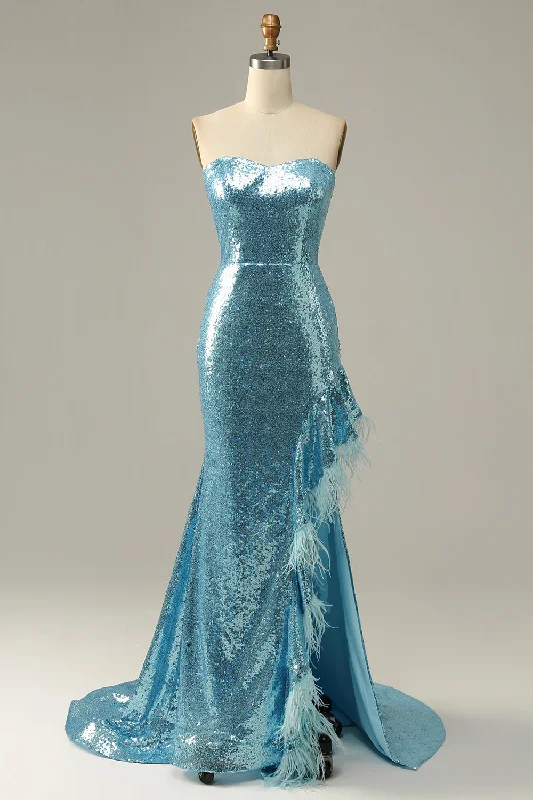 Cocktail dresses with a one - piece design and a statement bowSky Blue Sweetheart Sequined Mermaid Prom Dress With Feathers Cocktail dresses with a one - piece design and a statement bowSky Blue Sweetheart Sequined Mermaid Prom Dress With Feathers