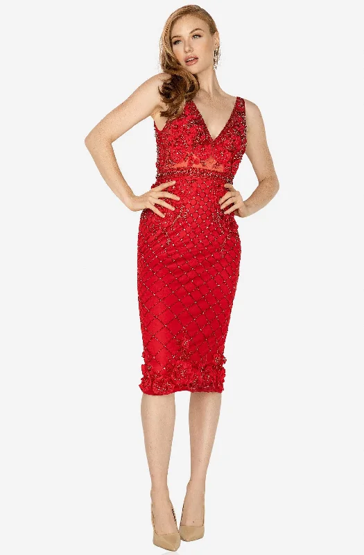 Bow - backed cocktail dresses with a fit - and - flare silhouetteTerani Couture 2011C2005 - Embellished V-neck Sheath Dress Bow - backed cocktail dresses with a fit - and - flare silhouetteTerani Couture 2011C2005 - Embellished V-neck Sheath Dress