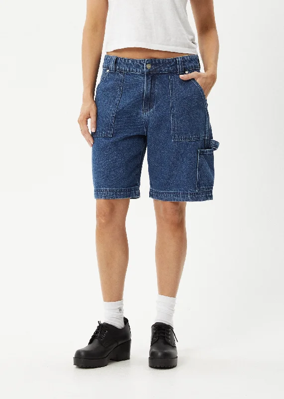 Cargo Women Shorts with Multiple Pockets for FunctionalityAFENDS Womens Mika - Denim Carpenter Short - Authentic Blue Cargo Women Shorts with Multiple Pockets for FunctionalityAFENDS Womens Mika - Denim Carpenter Short - Authentic Blue