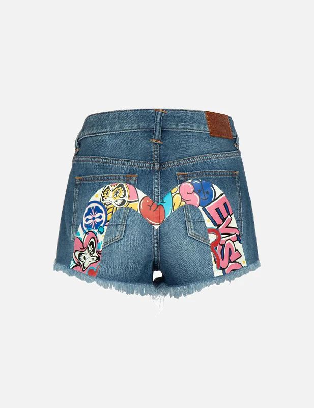 Patterned Geometric Women Shorts for a Modern AppealGraffiti Daruma Daicock Print Denim Shorts Patterned Geometric Women Shorts for a Modern AppealGraffiti Daruma Daicock Print Denim Shorts