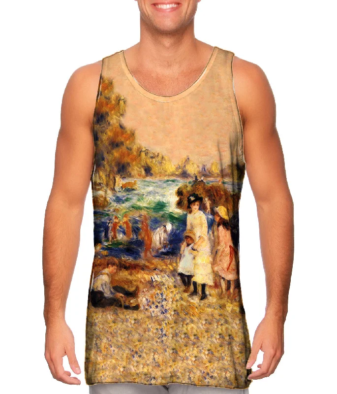 Plus Size Women's Ruffled Hem Tank Tops with Floral PrintsPierre Auguste Renoir - "Beach Scene" (1883) Plus Size Women's Ruffled Hem Tank Tops with Floral PrintsPierre Auguste Renoir - "Beach Scene" (1883)
