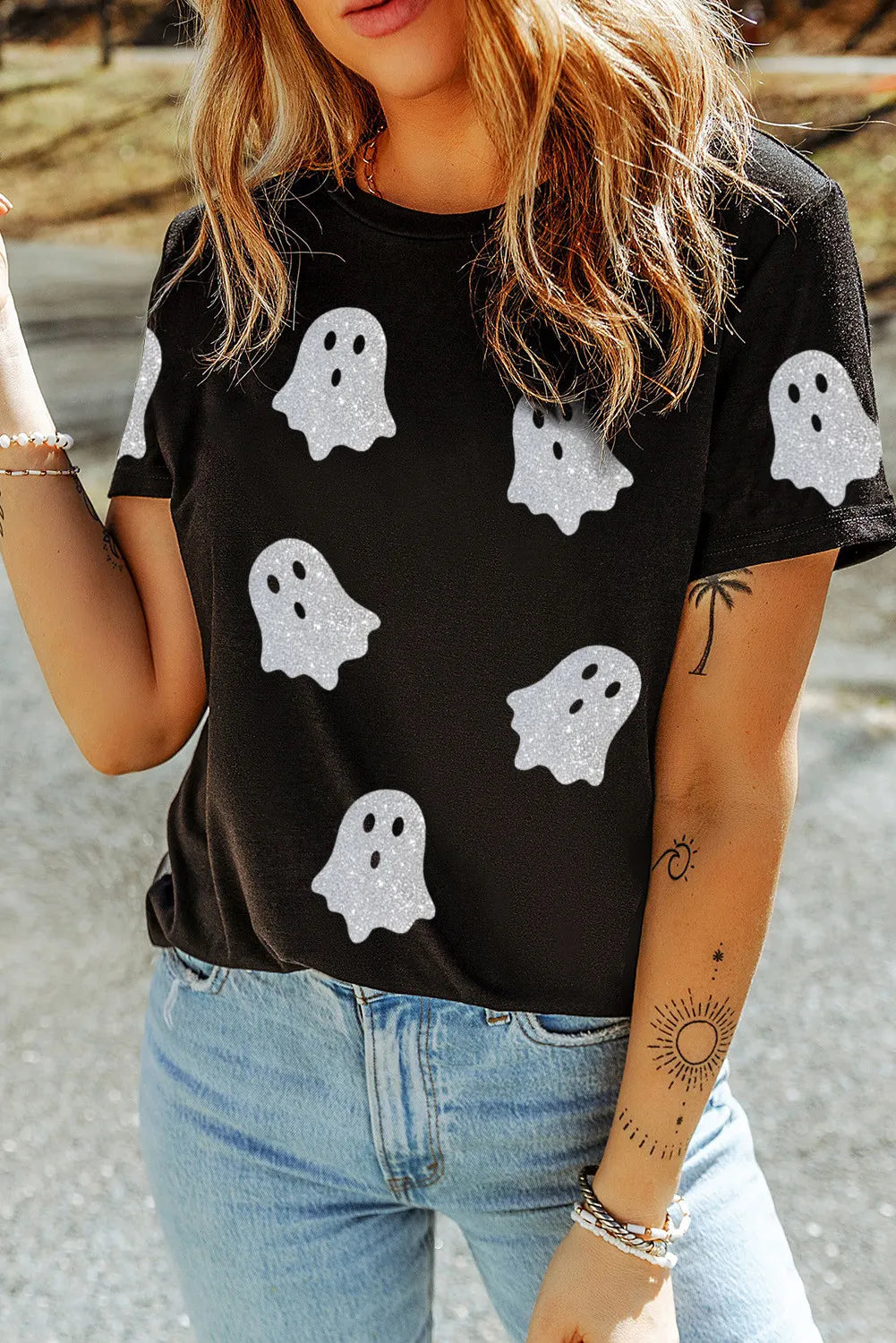 Crop Bodysuits to Pair with High - Waisted BottomsGlitter Ghost Round Neck Short Sleeve T-Shirt Crop Bodysuits to Pair with High - Waisted BottomsGlitter Ghost Round Neck Short Sleeve T-Shirt