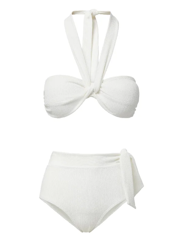 String bikini for a minimalistic and sexy beach styleLoryn Top + Side Tie High Waist Bottom in Ivory Texture String bikini for a minimalistic and sexy beach styleLoryn Top + Side Tie High Waist Bottom in Ivory Texture