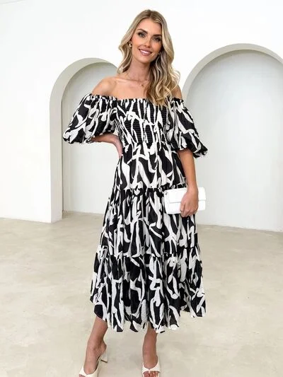 Convertible Straps Bodysuits for Multiple Styling OptionsPrinted Smocked Off-Shoulder Tiered Dress Convertible Straps Bodysuits for Multiple Styling OptionsPrinted Smocked Off-Shoulder Tiered Dress