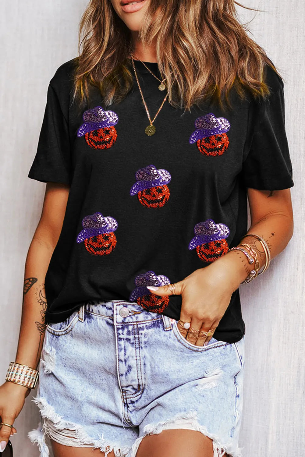 Neon Bodysuits to Stand Out at PartiesSequin Pumpkin Round Neck Short Sleeve T-Shirt Neon Bodysuits to Stand Out at PartiesSequin Pumpkin Round Neck Short Sleeve T-Shirt