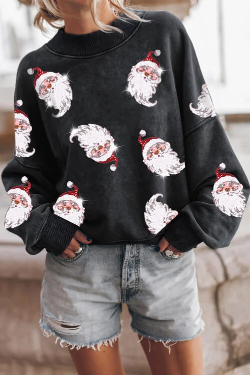 Crop Bodysuits to Pair with High - Waisted BottomsSequin Santa Round Neck Drop Shoulder Sweatshirt Crop Bodysuits to Pair with High - Waisted BottomsSequin Santa Round Neck Drop Shoulder Sweatshirt